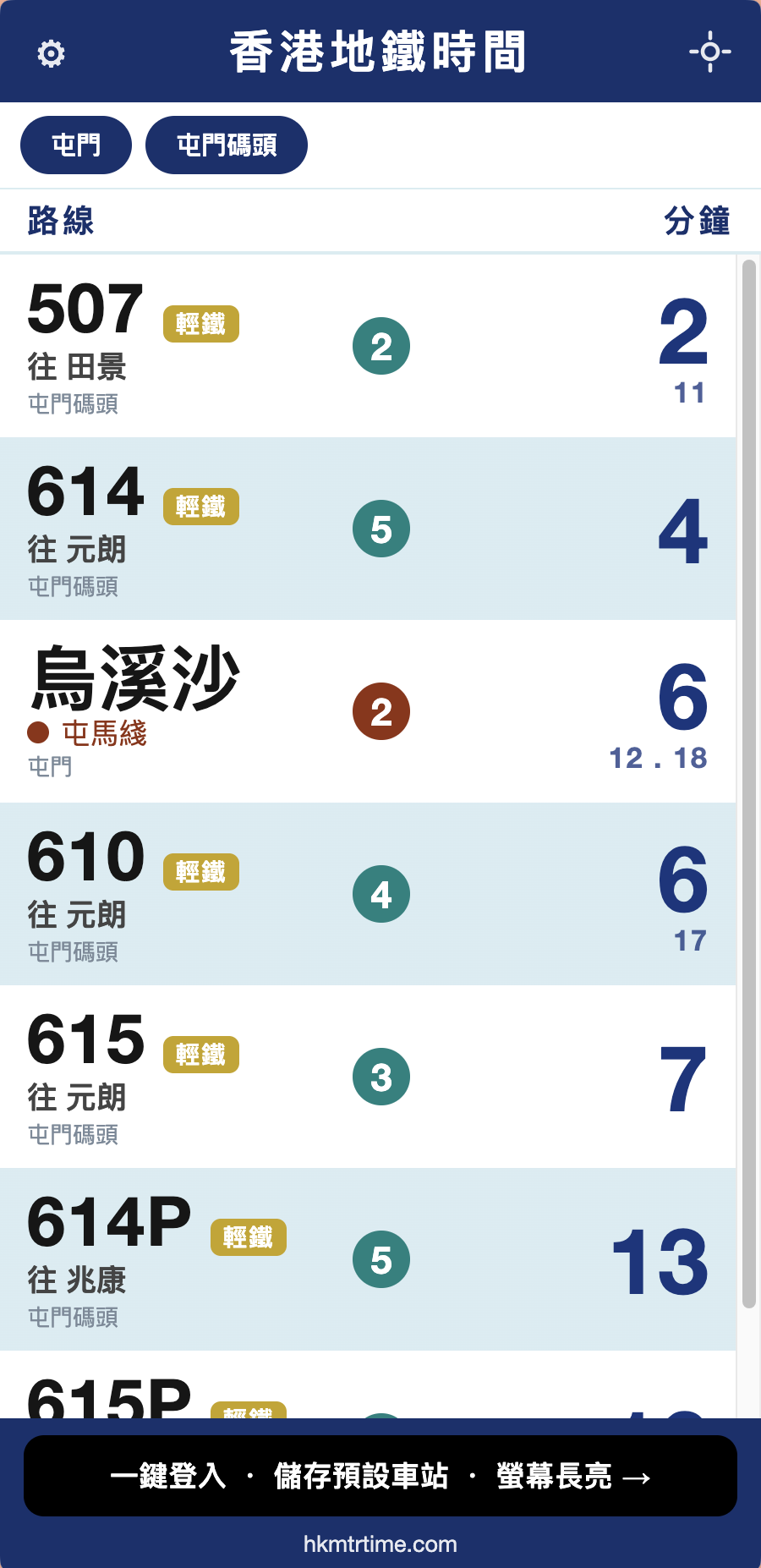 香港地鐵時間輕鐵到站板：屯門碼頭 507、614、610、615、614P 輕鐵路線及屯馬綫下一班列車